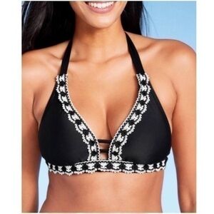 Kona Sol Bikini Top NEW Black With White Tie Back NWT Size Small 4 6